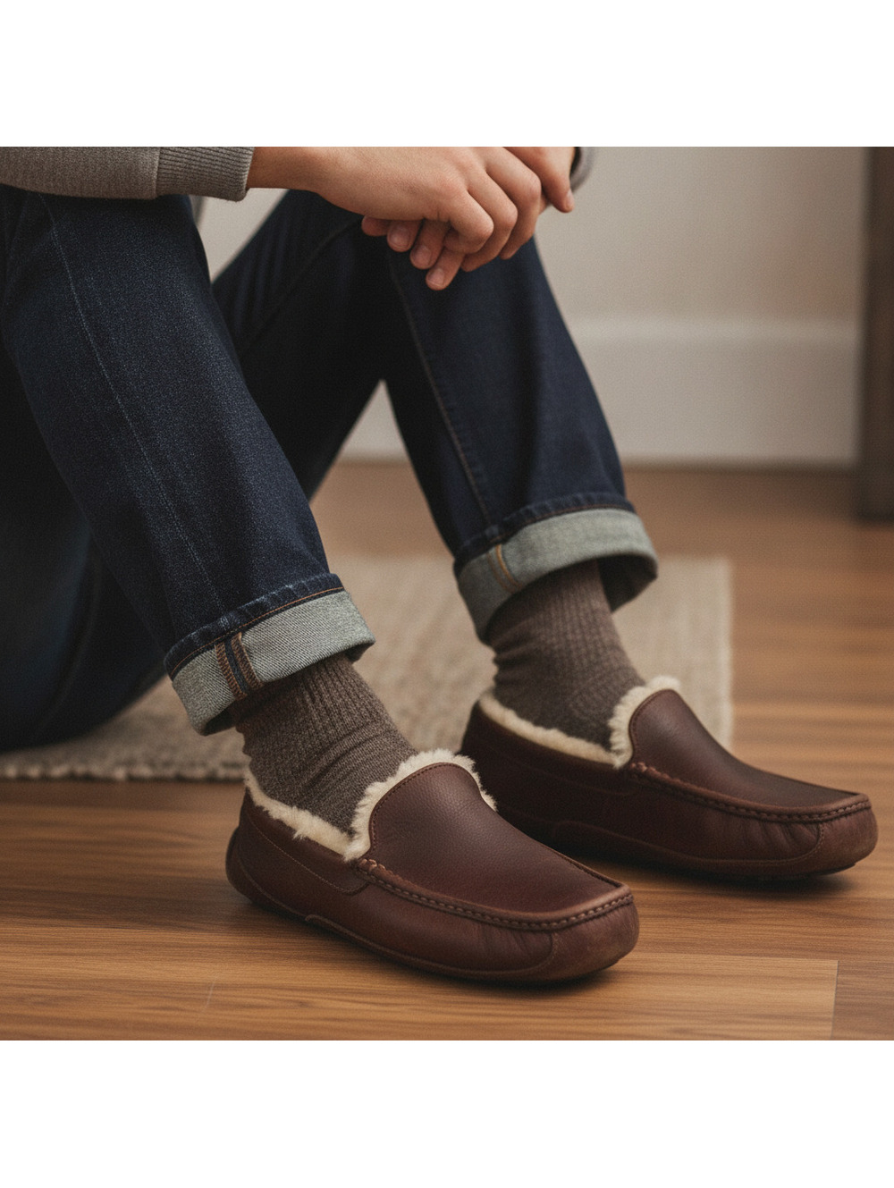 Ugg Men Ascot Brown 5379 China Tea Leather Wool Slip On Slippers Casual Shoes 9